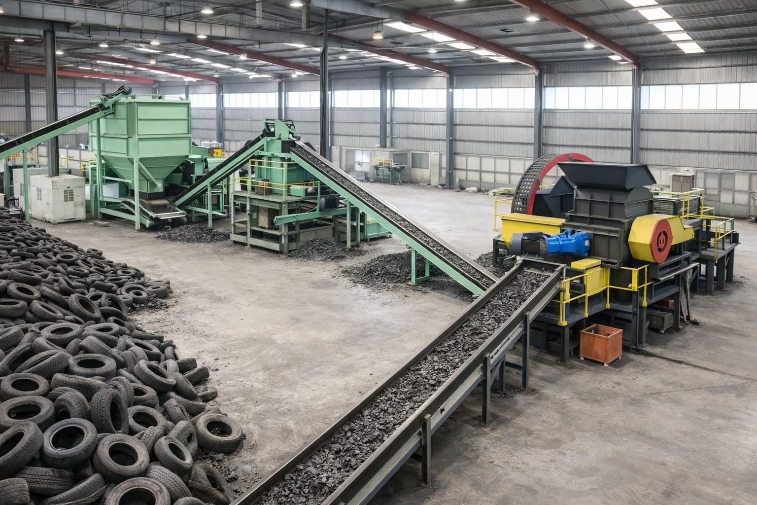 Aerial view of industrial recycling plant floor showing processing equipment and workflow